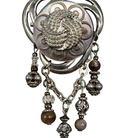 Dangling Charm Brooch Abalone Etched Circle Silver Tone Top 925 Charms - Picture 4 of 6